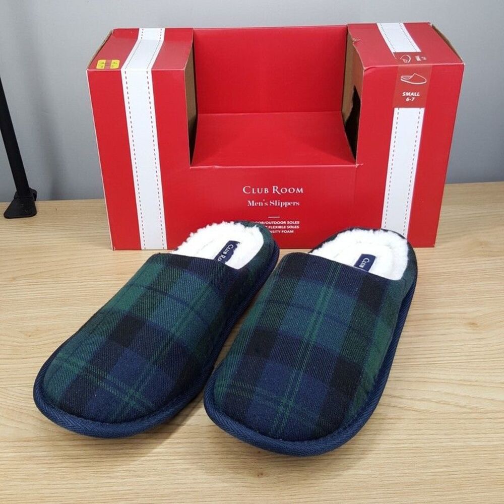 CLUB ROOM Mens Slippers Size 6 - 7 Blue Green Tartan Plaid Plush Lined Comfort